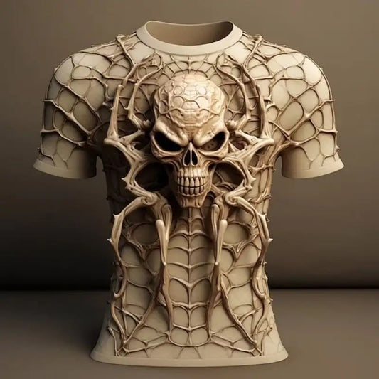 T-shirt męski z mrocznym nadrukiem 3D – Beżowa, realistyczna czaszka